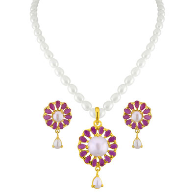 "Red Stone Pearl Pendant Set - JPSEP-16-075P-INS-001 - Click here to View more details about this Product